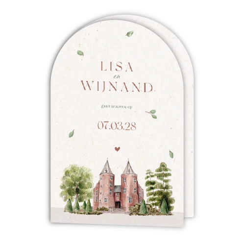 Dubbel boog trouwkaart met illustratie trouwlocatie en blaadjes