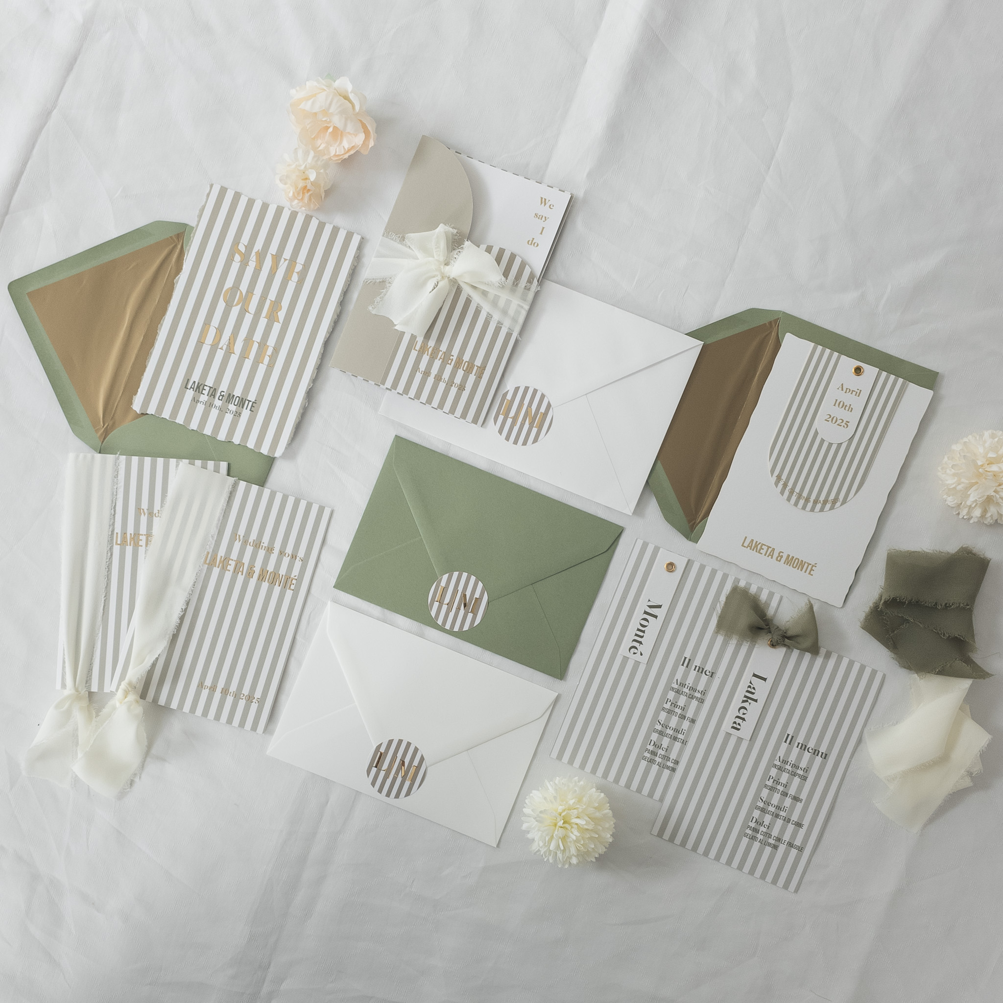 Trouw huisstijl olijfgroen wit gestreept goudfolie