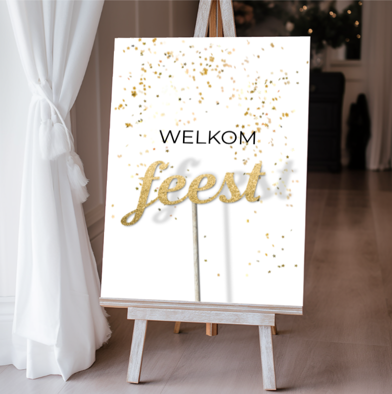 Welkomstbord modern feest party confetti goud look