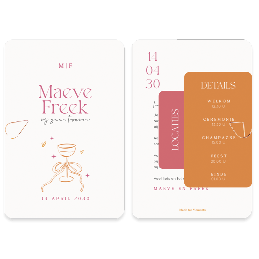 Vrolijke label trouwkaart in roze en oranje met illustratie van champagneglas