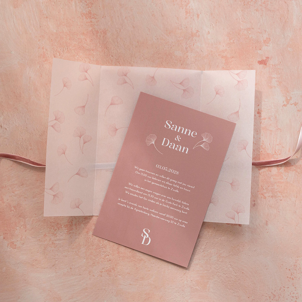 Trouwkaart oud roze modern ginkgo