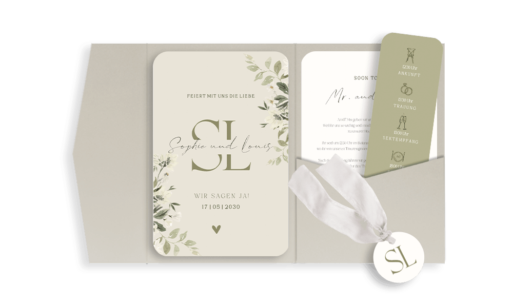 Elegante Pocketfold-Hochzeitskarte grün mit Initialen und Blumen
