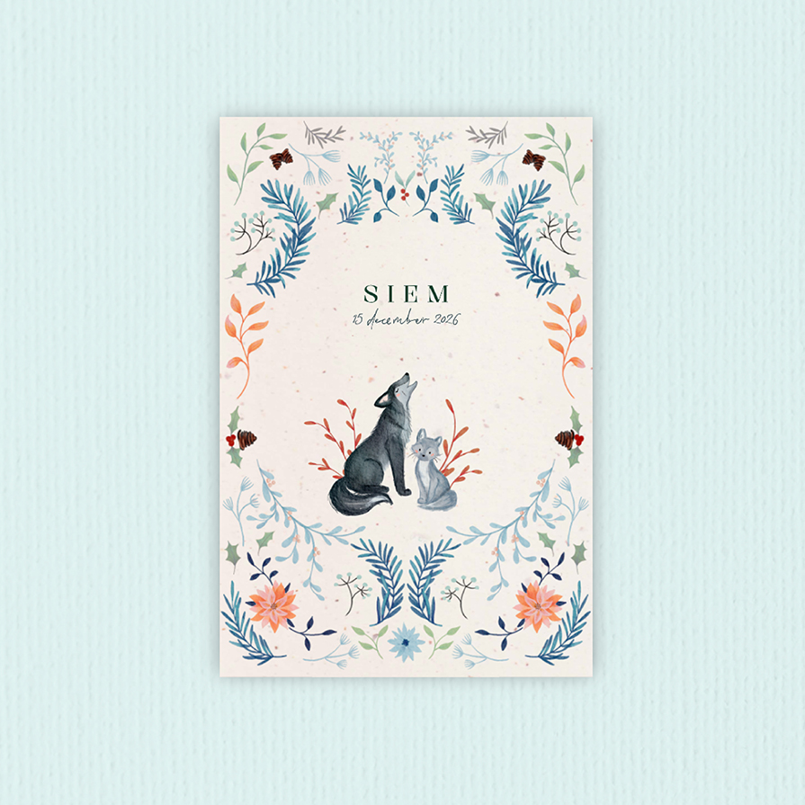 Duurzaam winters geboortekaartje met wolfjes in een krans