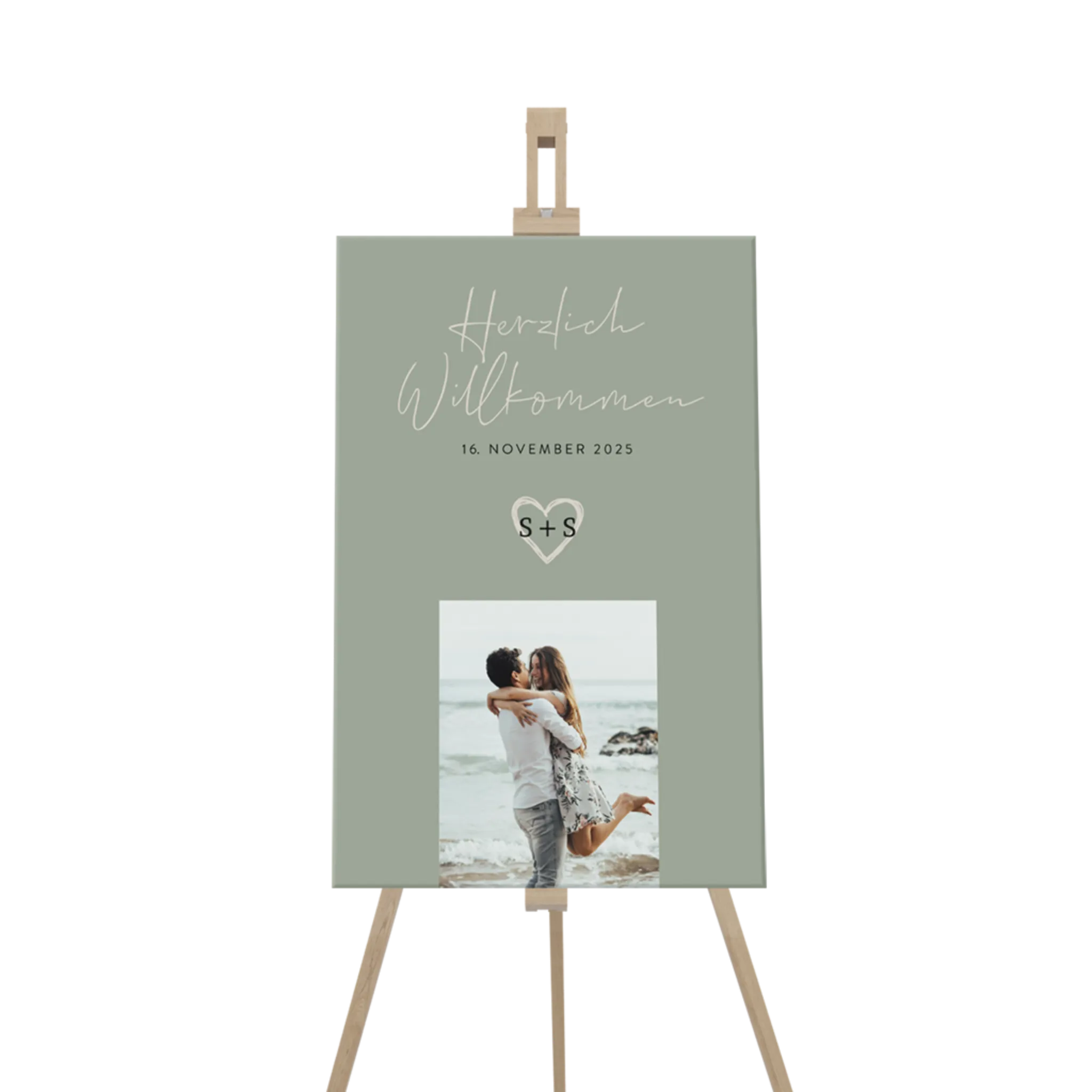 Willkommensschild in Grün mit Herz und Foto