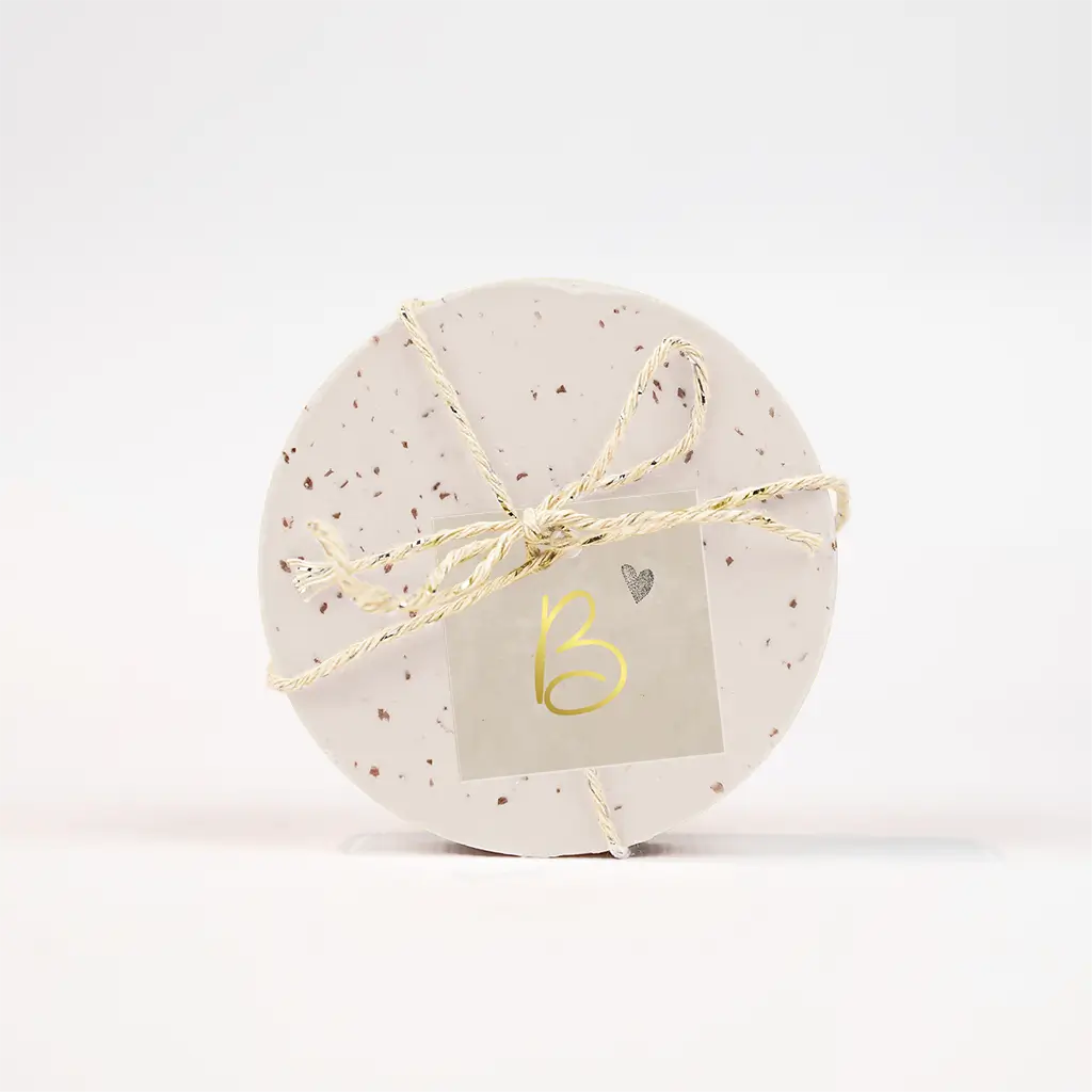 Doopsuiker labeltje beige velvet-look en goudfolie - per 16 stuks