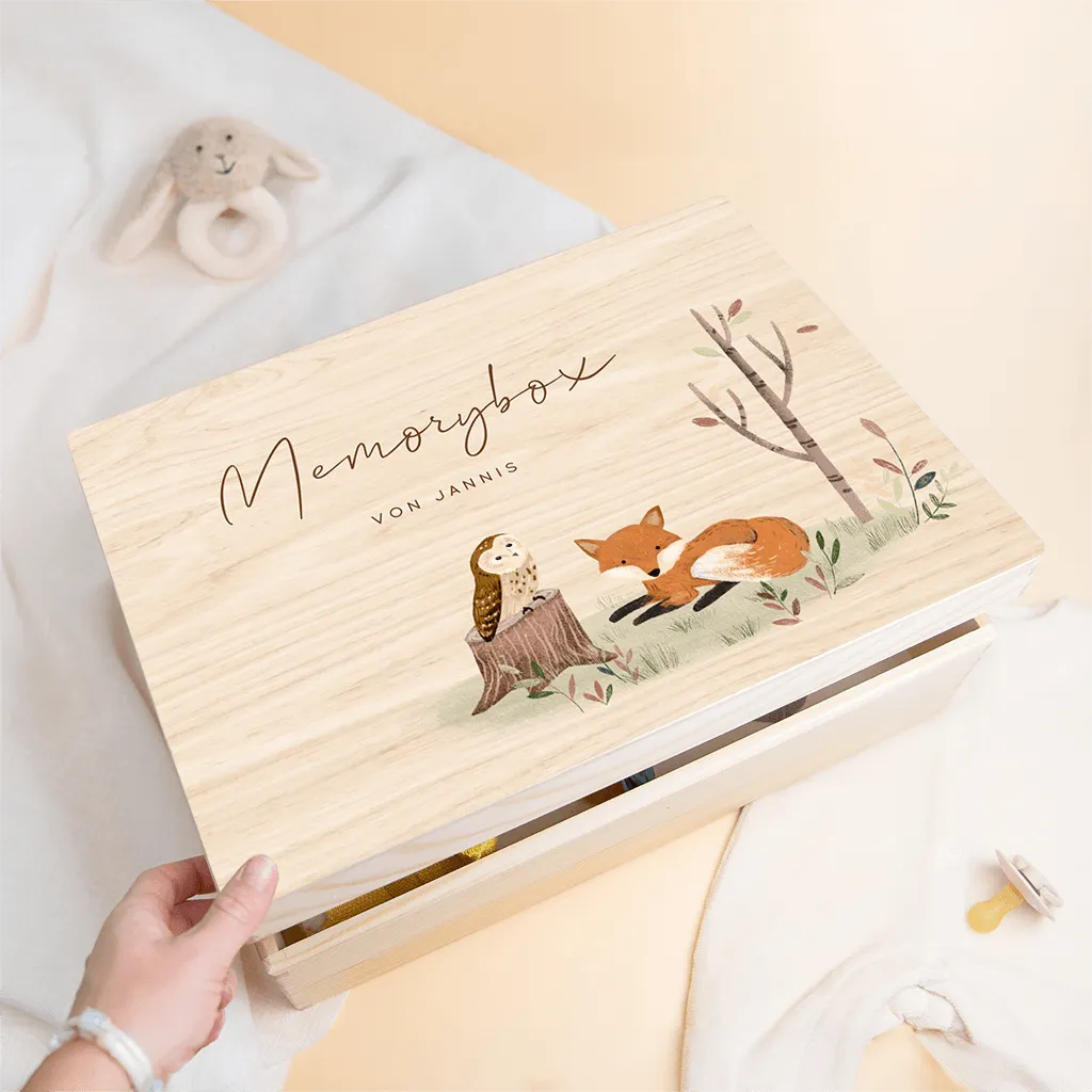 Erinnerungsbox Baby als Geschenk zur Geburt mit Fuchs und Eule