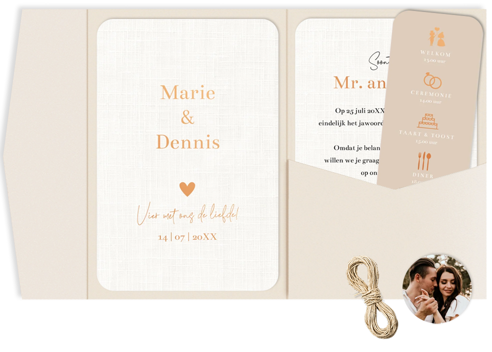 Pocketfold trouwkaart beige koperfolie