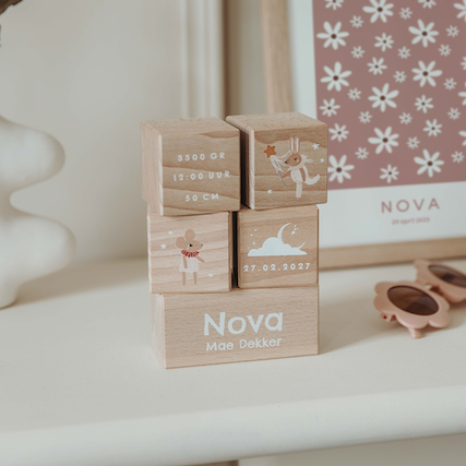 Houten blokken met muisjes en geboortegegevens