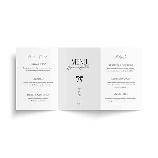 Menukaart bruiloft drieluik in zwart wit met strik