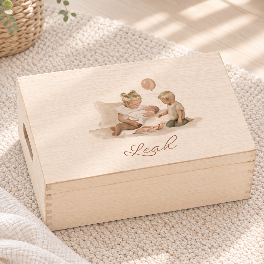 Lieve memorybox met een geverfd gezin voor een derde kindje