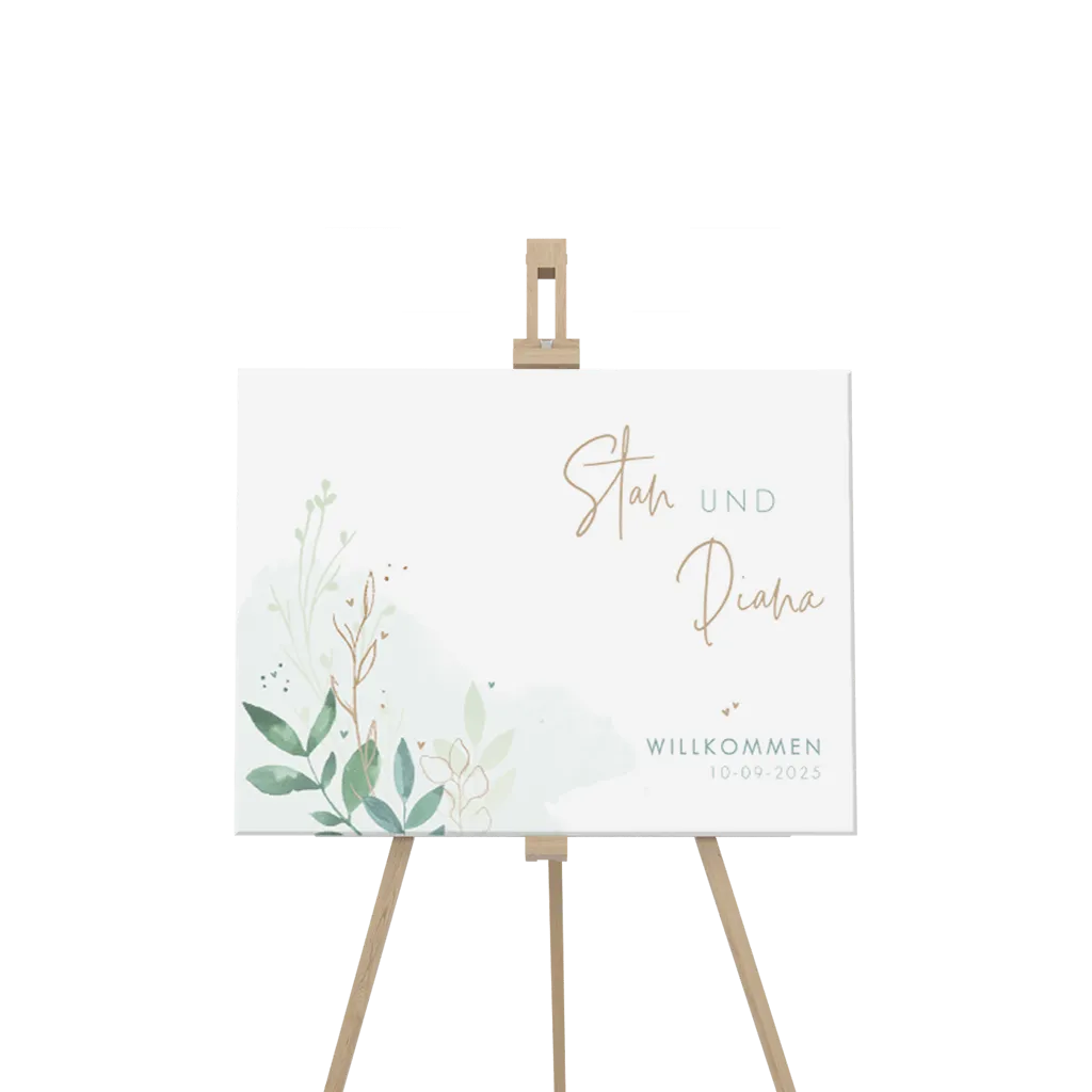 Willkommensschild mit Aquarellblättern und Herzen