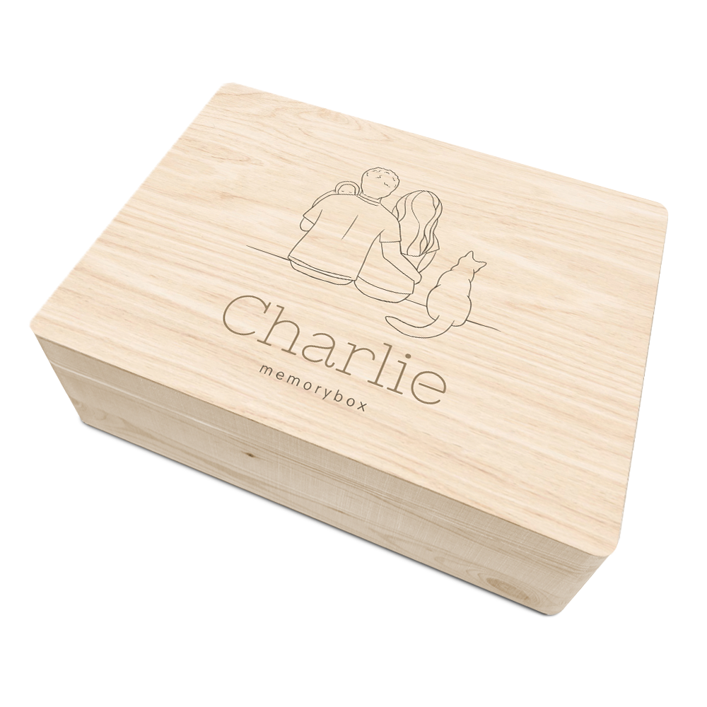 Geboorte memory box met lijntekening gezin met kat