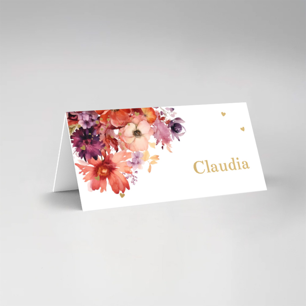 Naamkaartjes bloemen passion dubbel gevouwen goudfolie