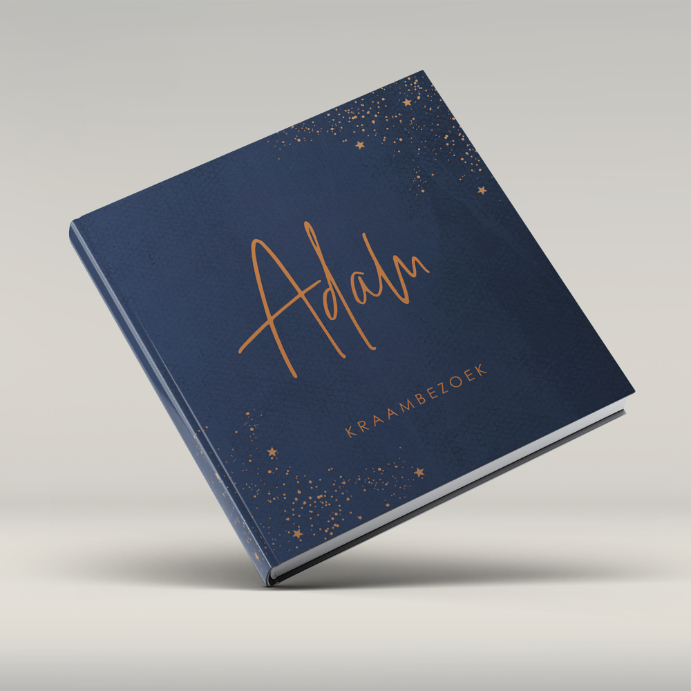 Donkerblauw kraambezoekboek met koperkleurige spetters