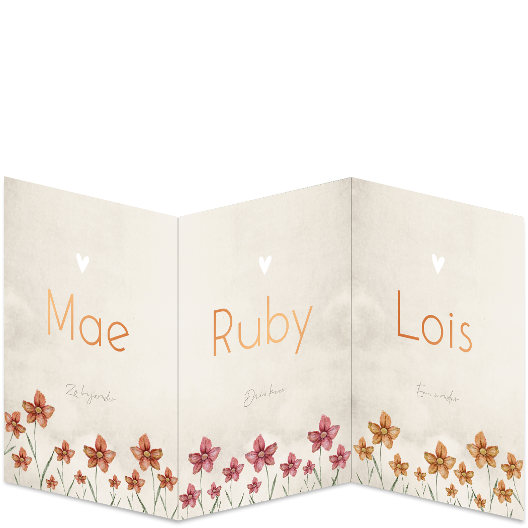 Geboortekaartje Drieling Luikkaartje Bloemen Koperfolie