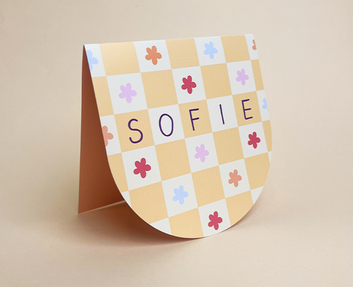 Geboortekaartje ronde voorkant checkerboard bloemen Sofie