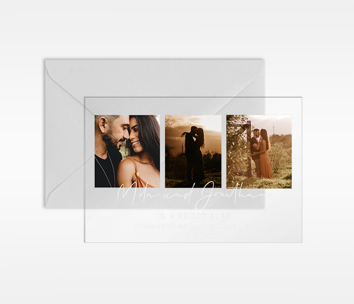 Hochzeitseinladung Acryl drei Fotos