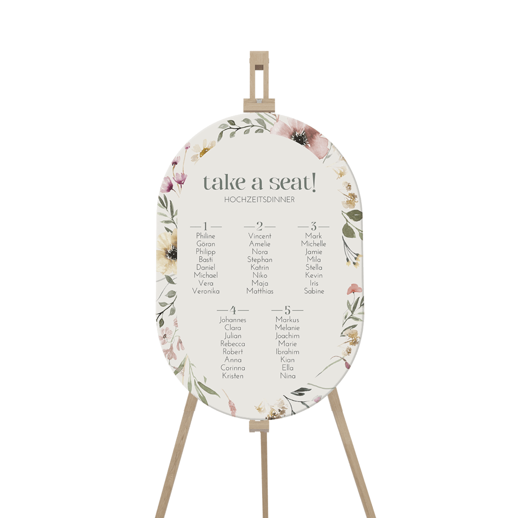 Sitzplan Hochzeit mit neutralem Hintergrund und elegantem Blumenmuster
