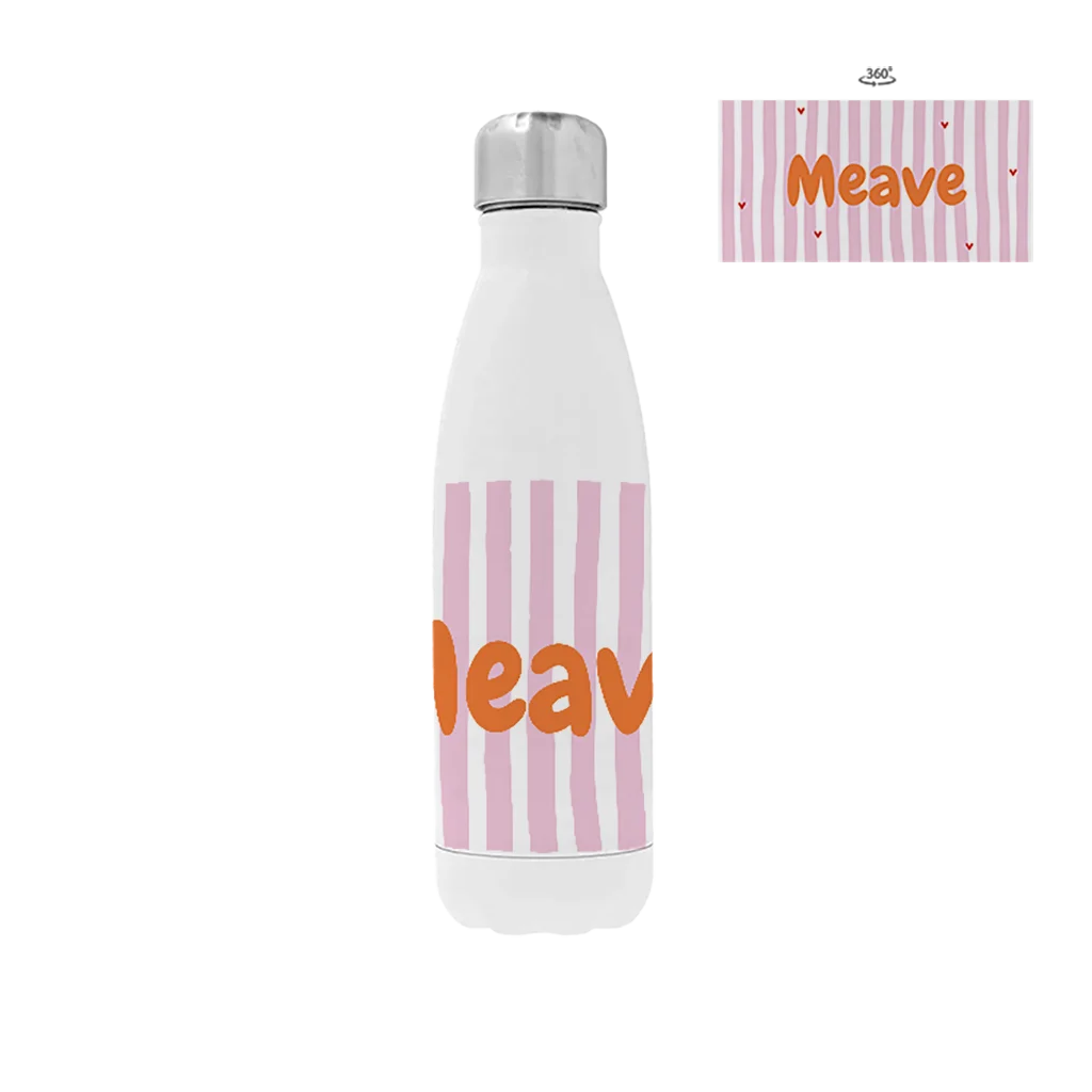 Rvs drinkfles met naam, roze strepen en oranje accenten