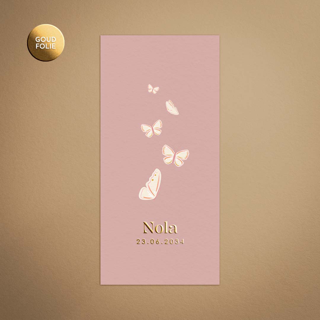 Geboortekaartje met vlinders en goudfolie voor een meisje