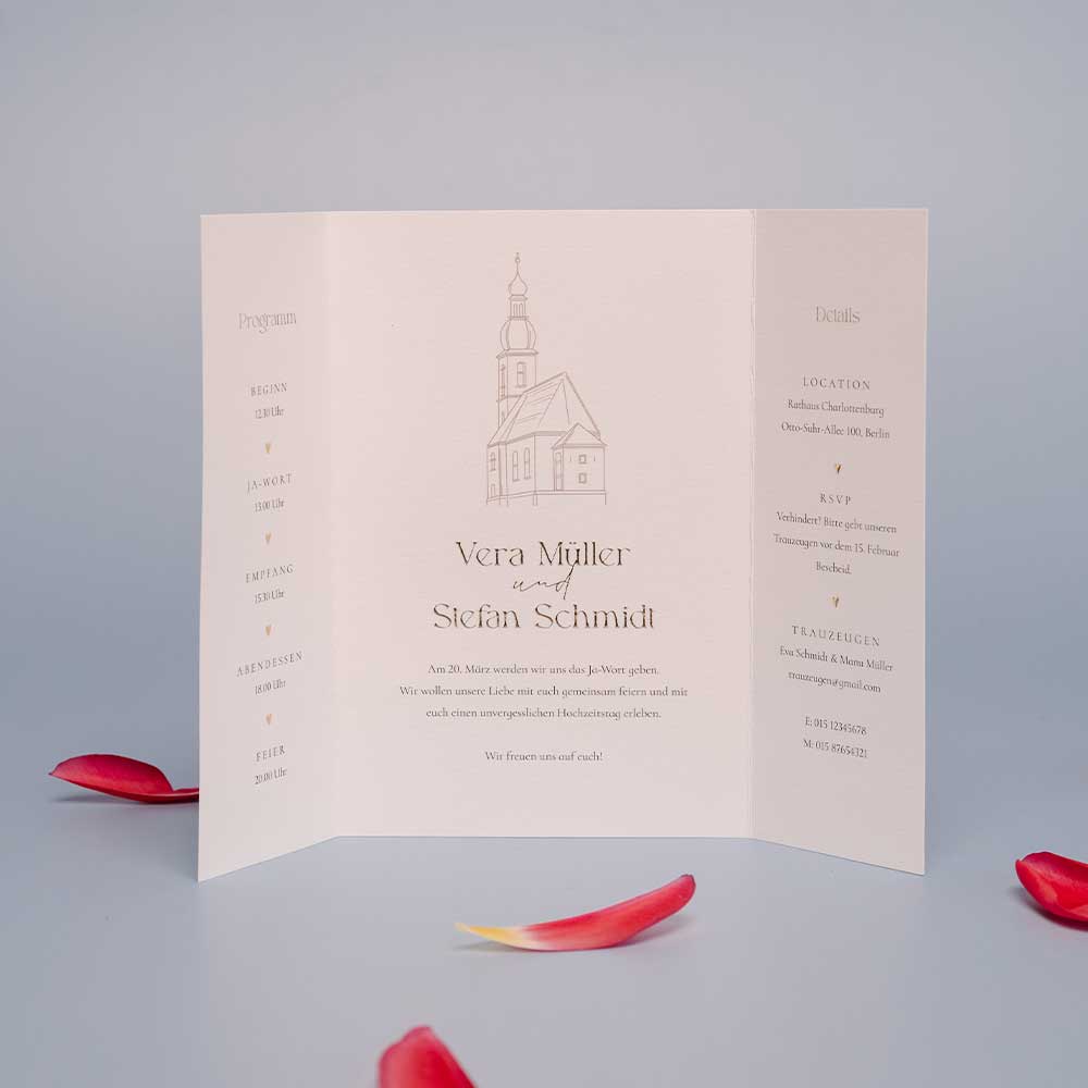 Verspielte Hochzeitseinladung als Faltkarte timeless
