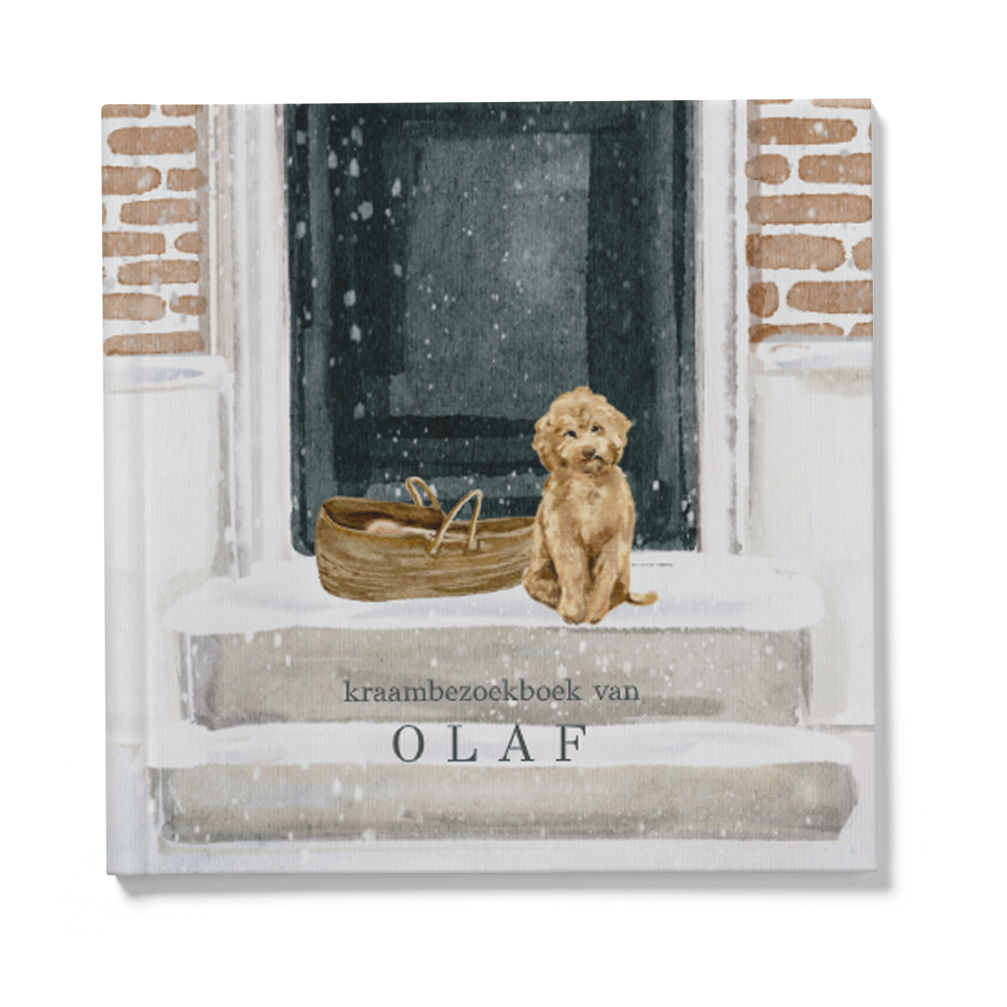 Getekend kraambezoekboek winter met hond baby en sneeuw