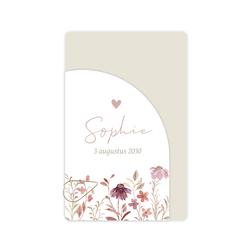 Lagen geboortekaartje beige met waterverf bloemen