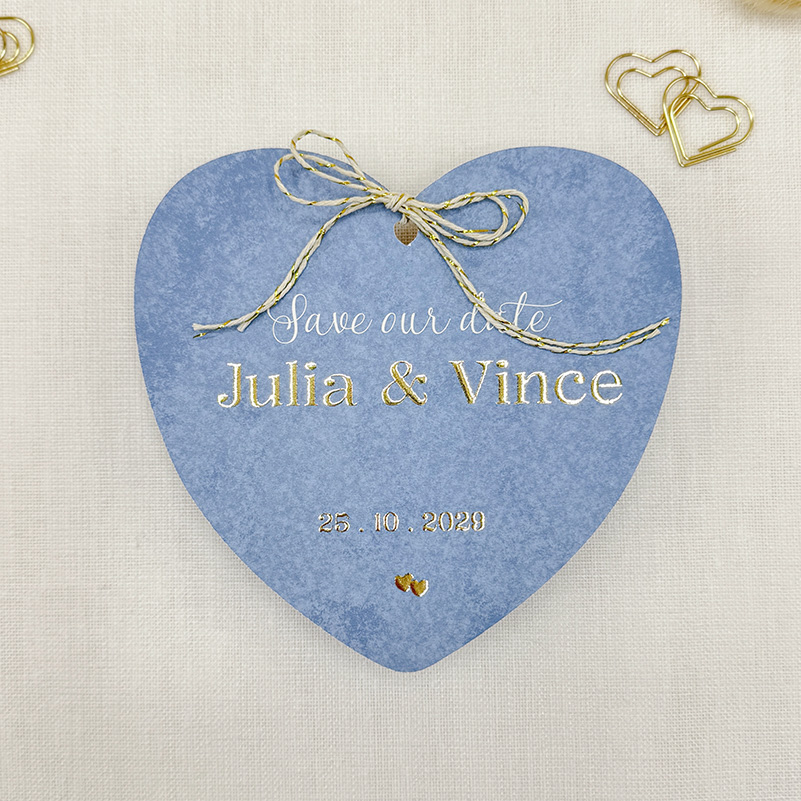 Save the date kaart vergrijsd blauw met goudfolie