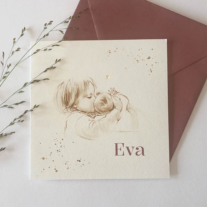 Geboortekaartje tweede kind pentekening in bruin goudfolie