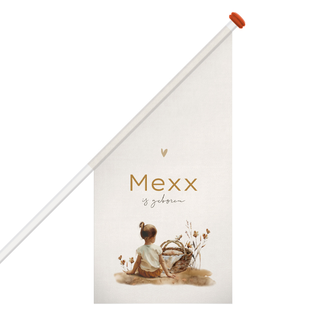Unisex geboortevlag met grote zus bij rieten mand met veldbloemen