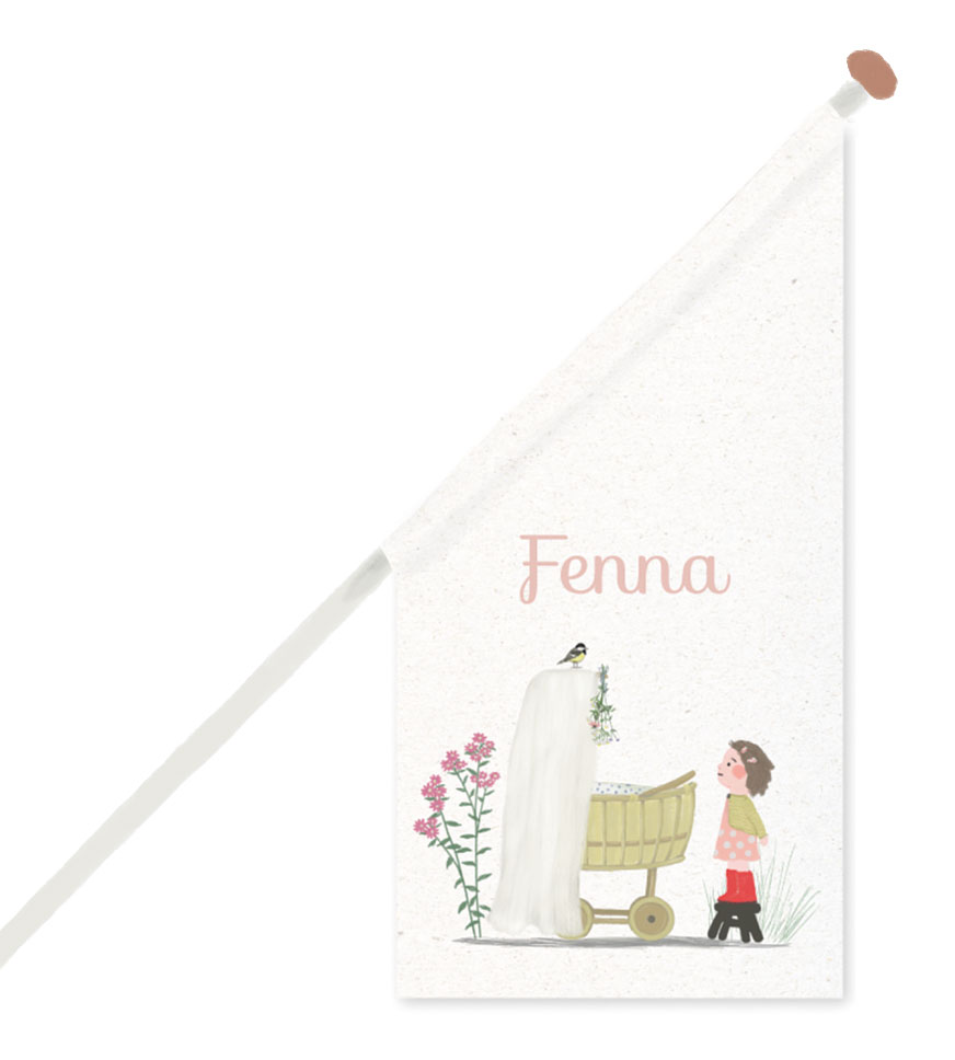 Geboortevlag rotan wiegje zus herfstbloemen