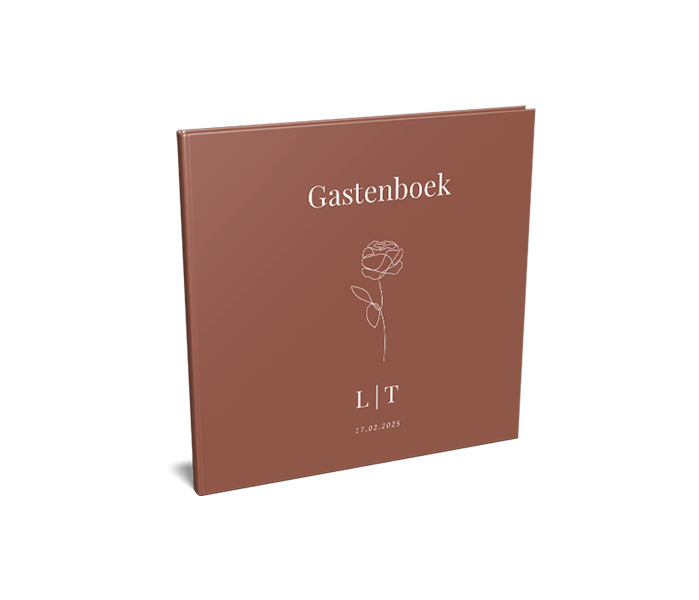 Gastenboek met oranje achtergrond en lijntekening van een roos