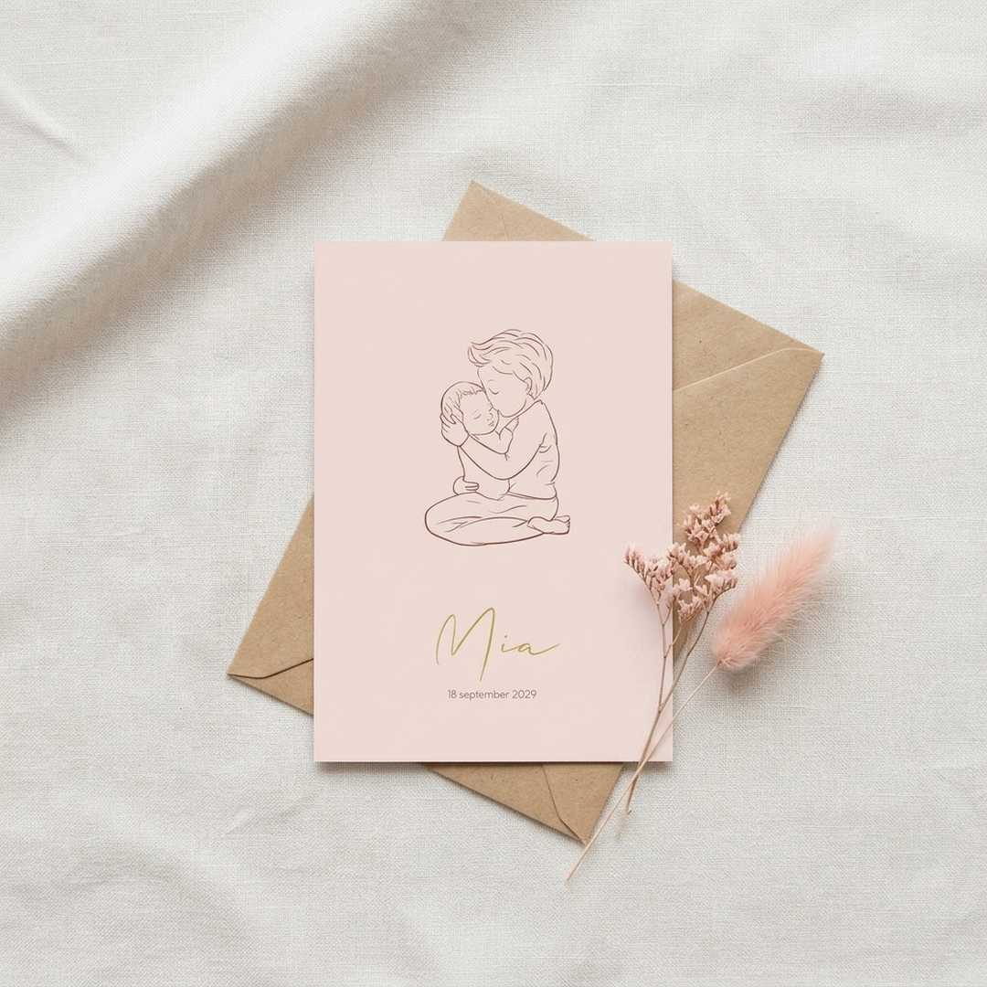 Geboortekaartje jongen lijntekening broer met baby zusje