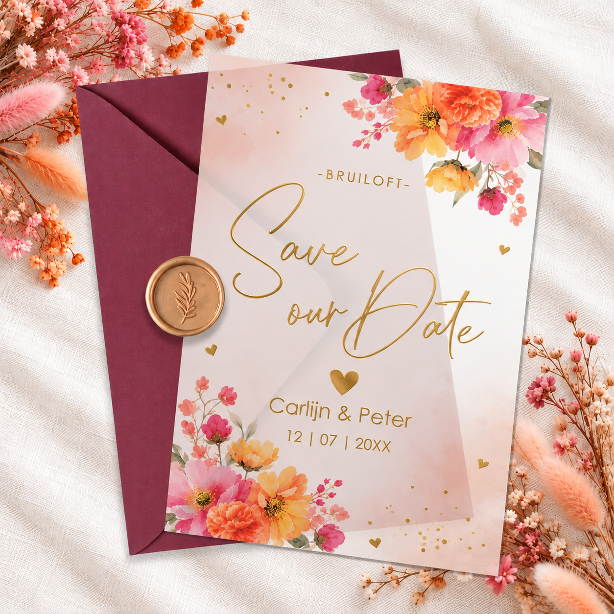 Save the Date kaart kalkpapier bloemen oranje roze goudfolie