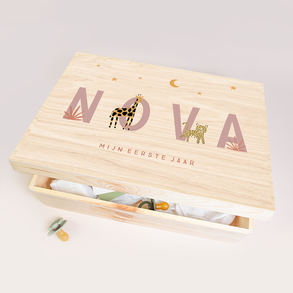 Herinneringsdoos geboorte met hip design van jungledieren