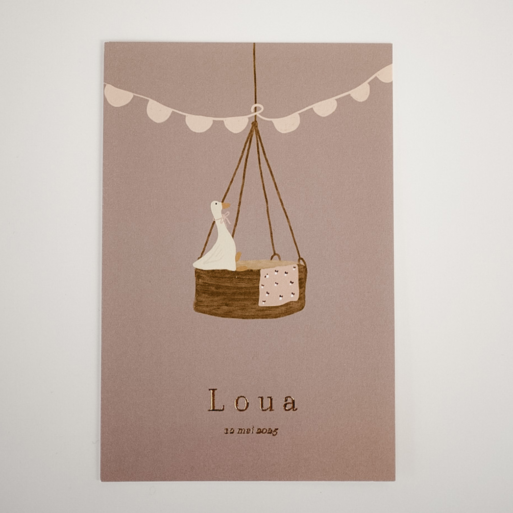 Geboortekaartje getekend met hangwieg foliedruk gansje