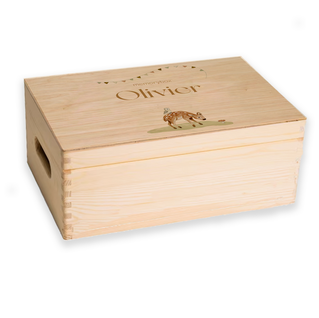 memorybox geboorte hertje met uil en vlaggen getekend