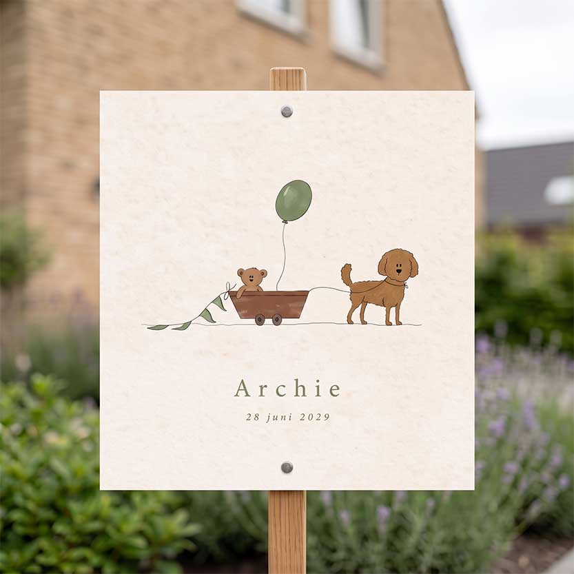 Tuinbord jongen hond mini labradoodle bolderkar