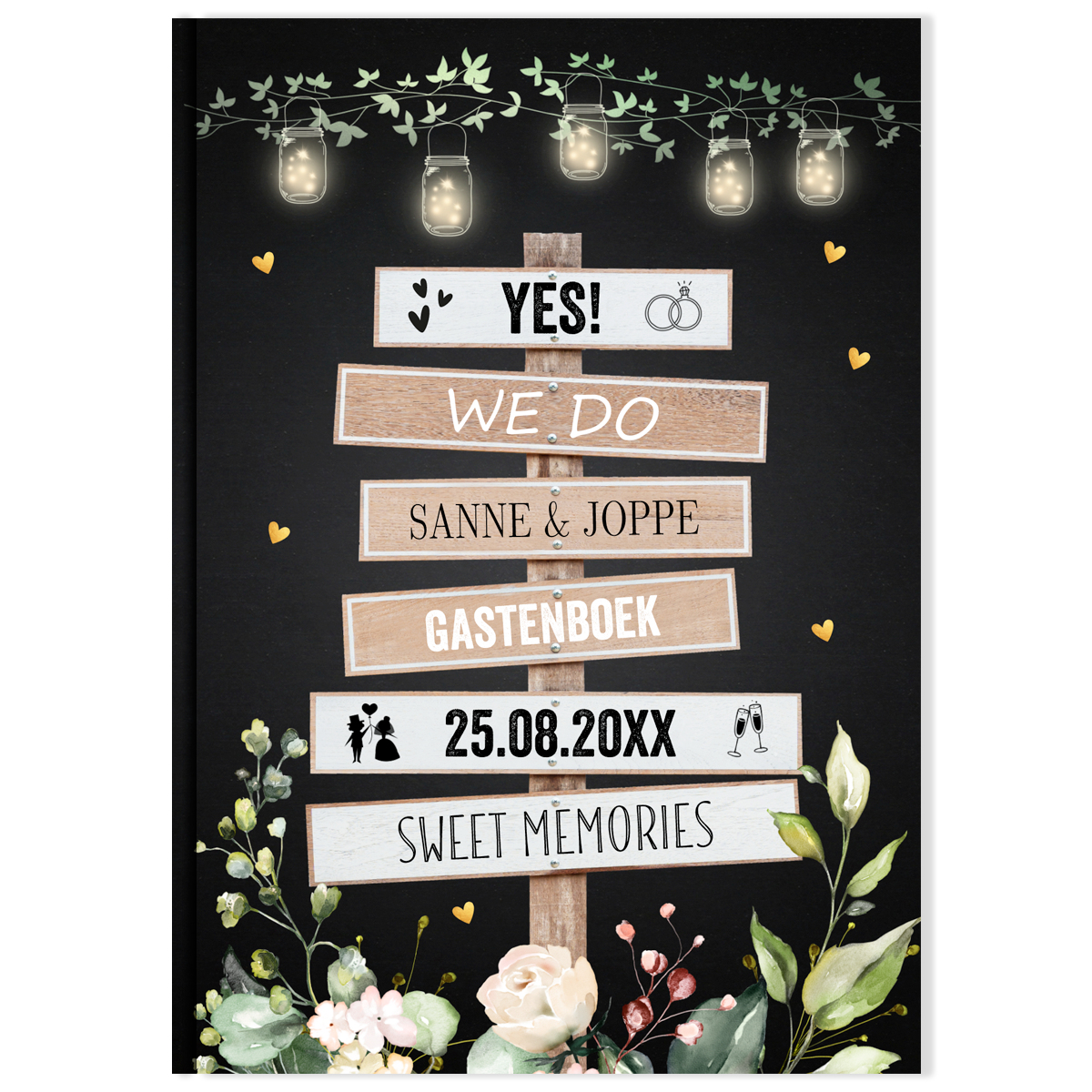 Gastenboek huwelijk zwart houten wegwijzer lampjes botanisch