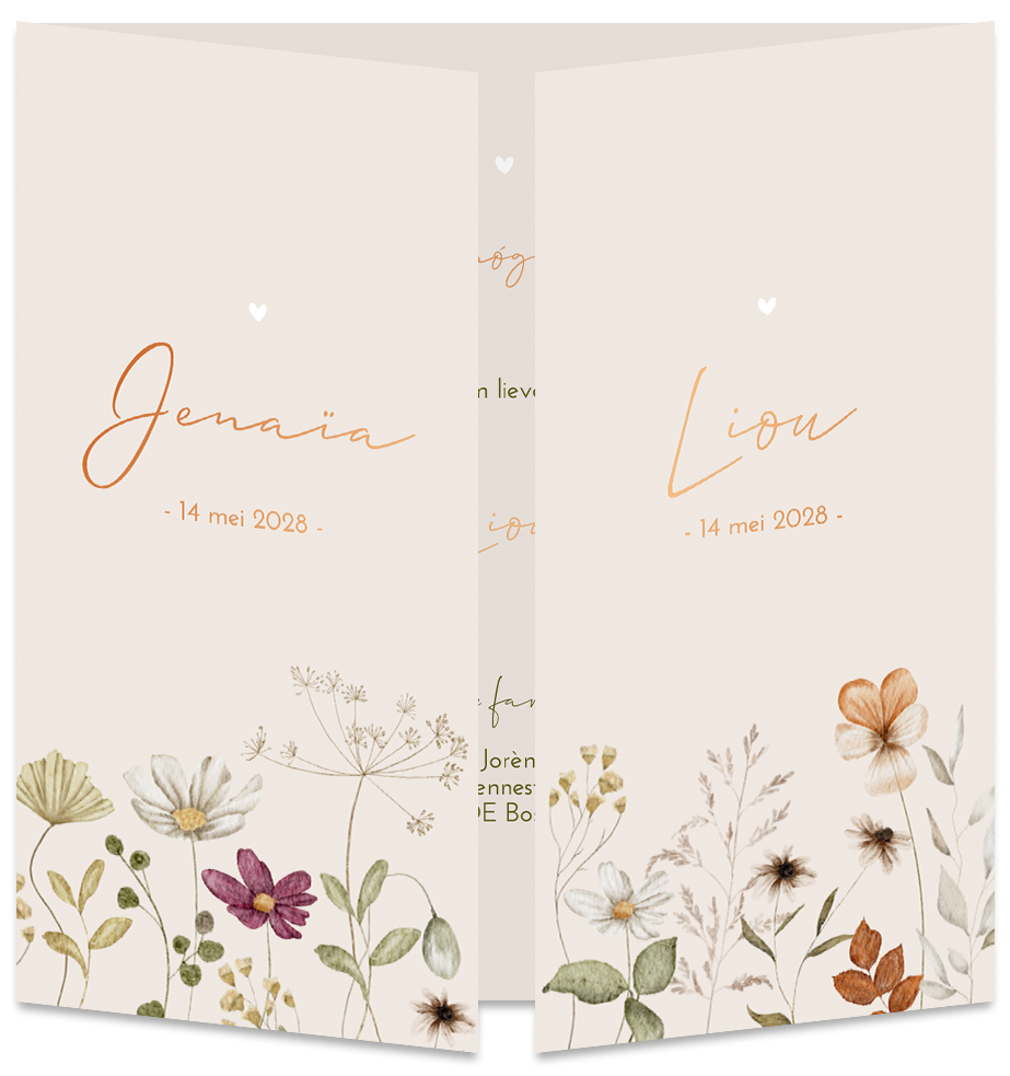 Geboortekaartje Tweeling Watercolor Bloemen Beige