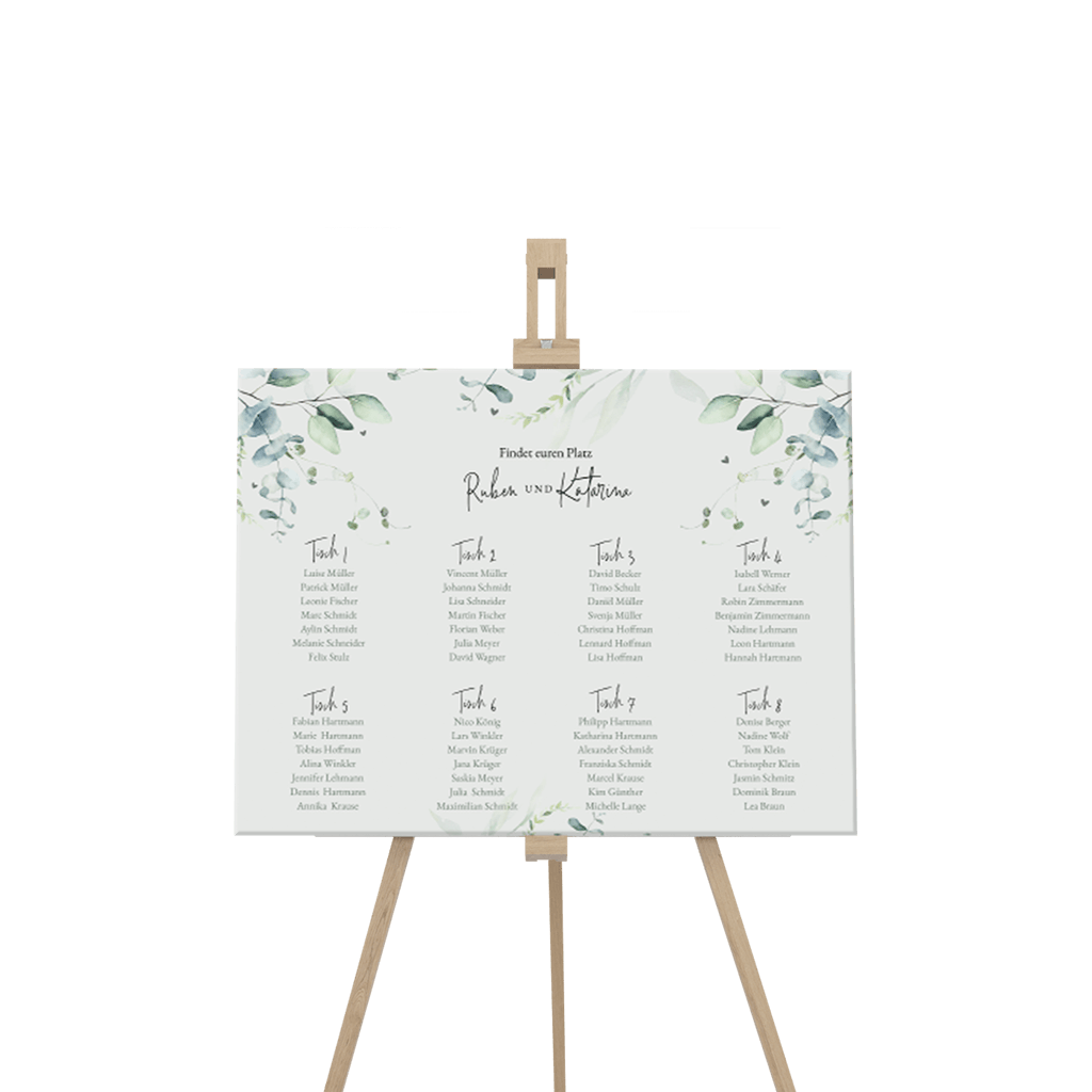 Sitzplan Schild mit Eukalyptus Zweigen