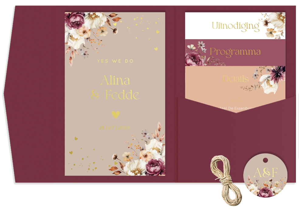 Pocketfold trouwkaart beige paars bloemen goudfolie