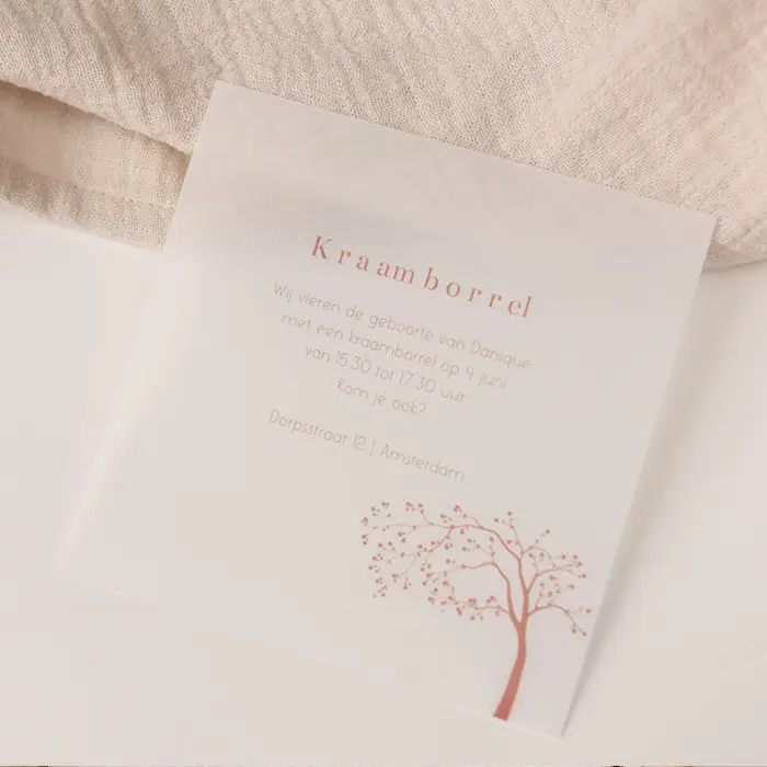 Kalkpapier kraamborrel uitnodiging met bloesemboom
