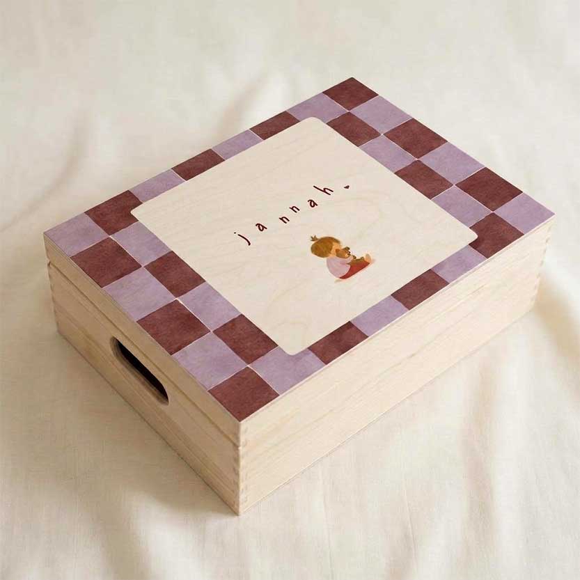 Memorybox geboorte geblokt meisje knuffelbeer
