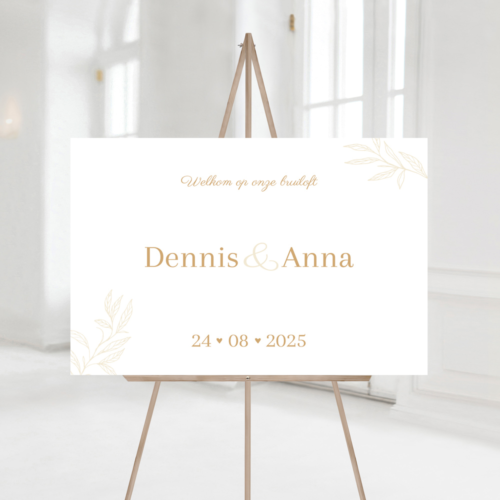Welkomstbord bruiloft klassiek blaadjes beige