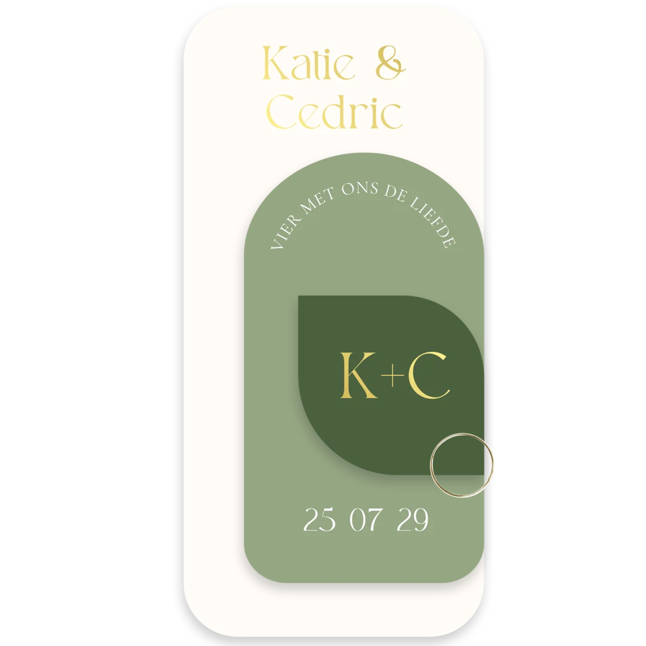 Labelkaart trouwkaart langwerpig groen goudfolie
