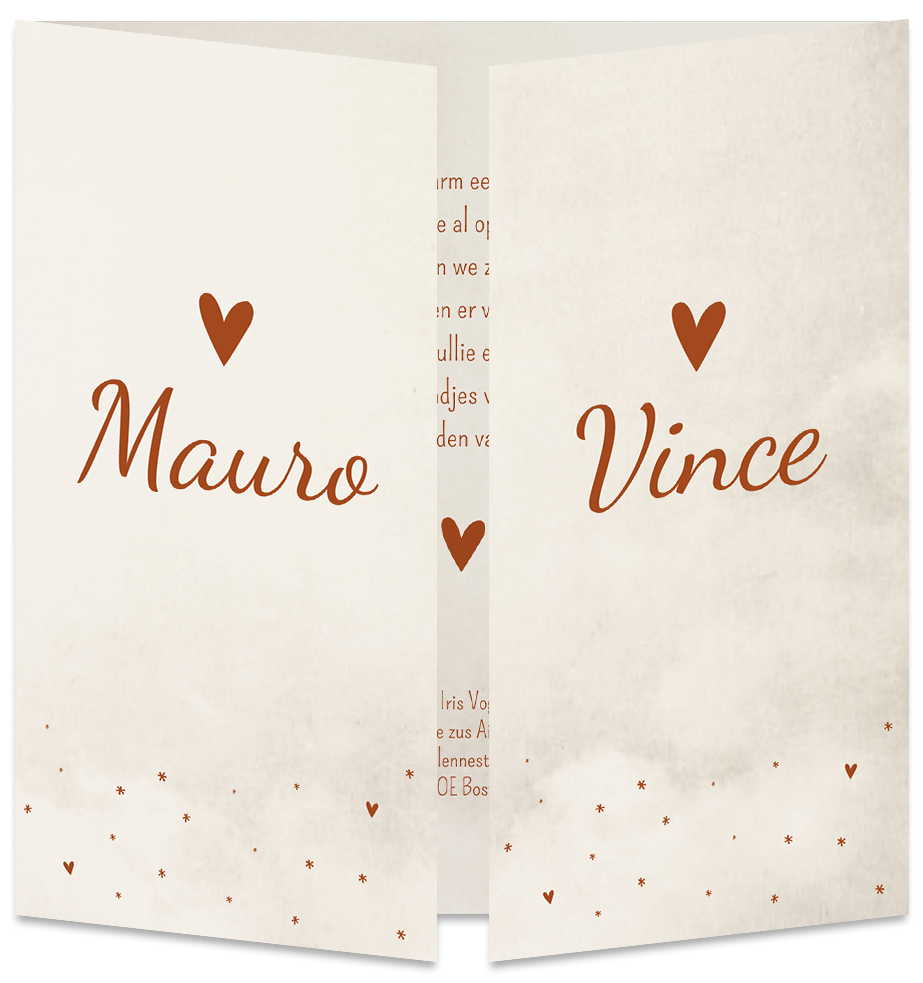 Rouwkaart Tweeling Luikkaartje Beige hartjes