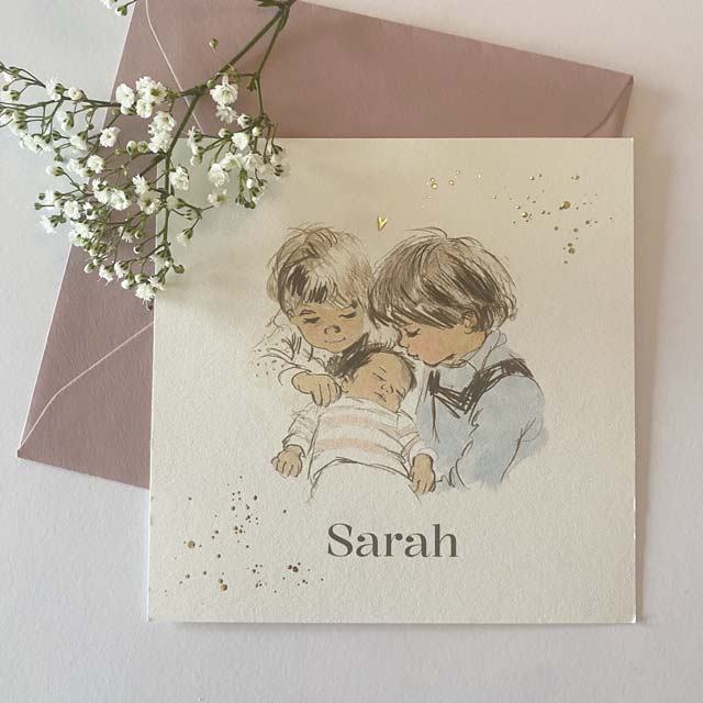 Enkele geboortekaart pentekening 3e kindje goudfolie