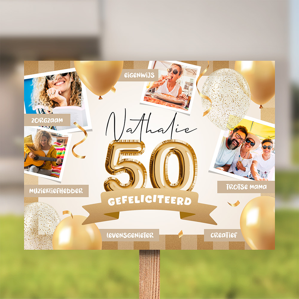 50 jaar bord Sarah met gouden ballonnen, confetti en eigen foto's