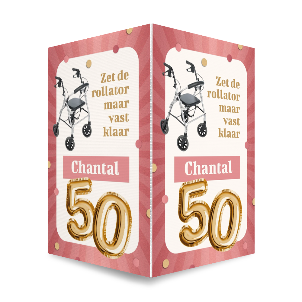 Grappig 50 jaar raambord voor een Sarah met rollator en confetti